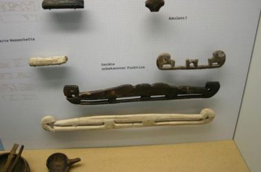 Wooden handles on display at the Haithabu Museum in Germany
