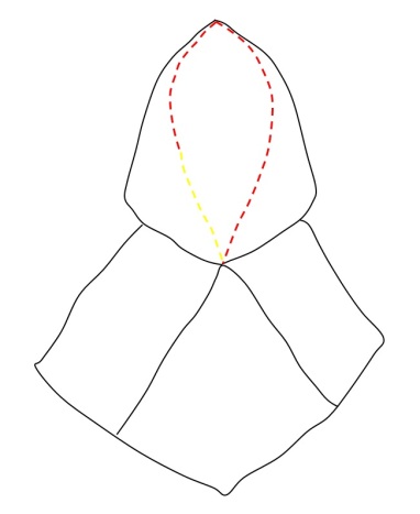 Red and yellow threads in whip stitches along the facial opening